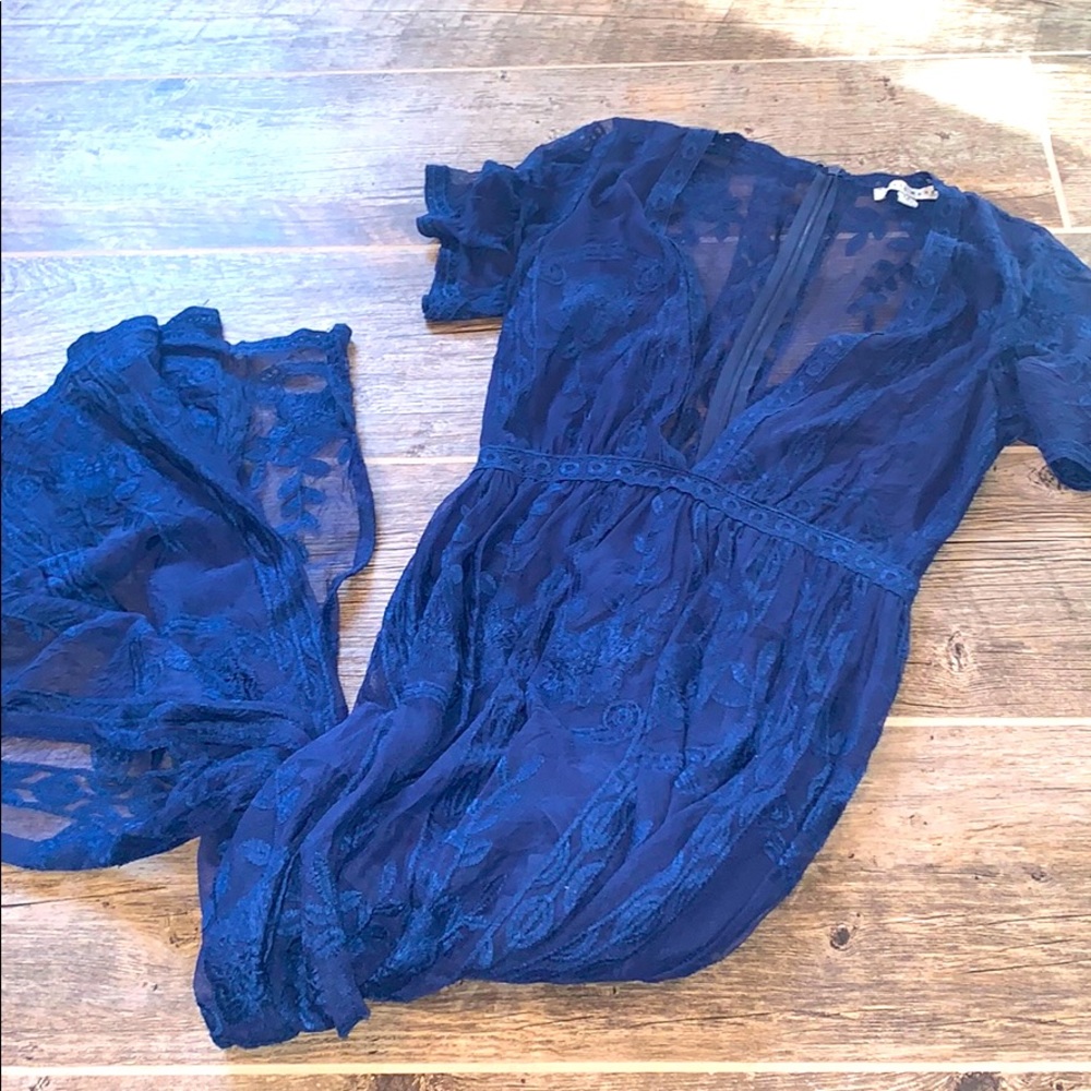 Deep V-Neck Flowy Blue Lace Maxi Dress